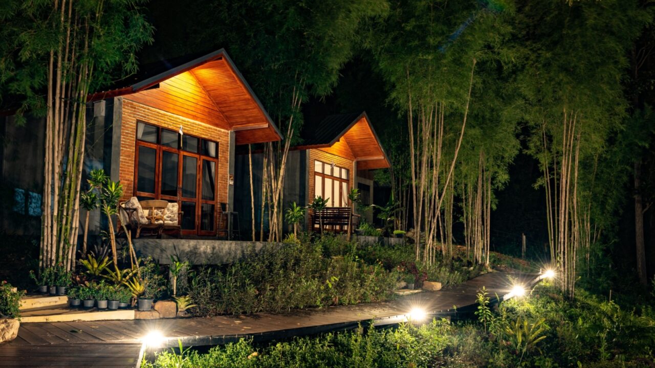Luxury Bamboo Cabin Resort at Night in Nan, Thailand