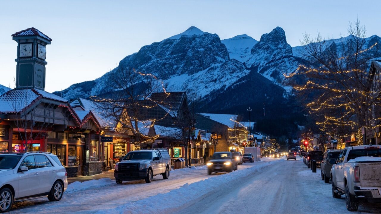 Canmore, Alberta, Canada - January 19 2022 : Town of Canmore street view in winter night.