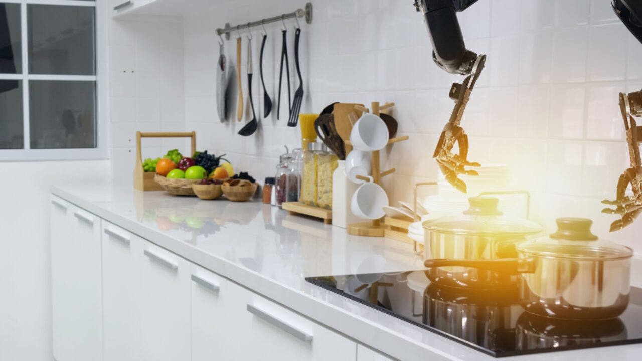 smart handy dexterous chef robotic assistant in kitchen technology concept, robot hand receive an order and cooking the recipe by program and it can self-teaching technology for update the new menu