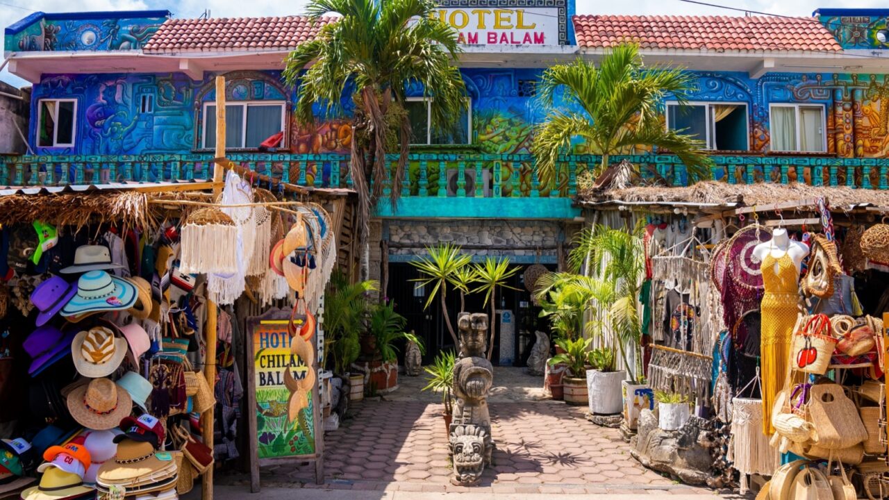 Tulum, Mexico. May 25, 2021. Clothing and souvenir shopping stalls at the entrance of Chilam Balam hotel