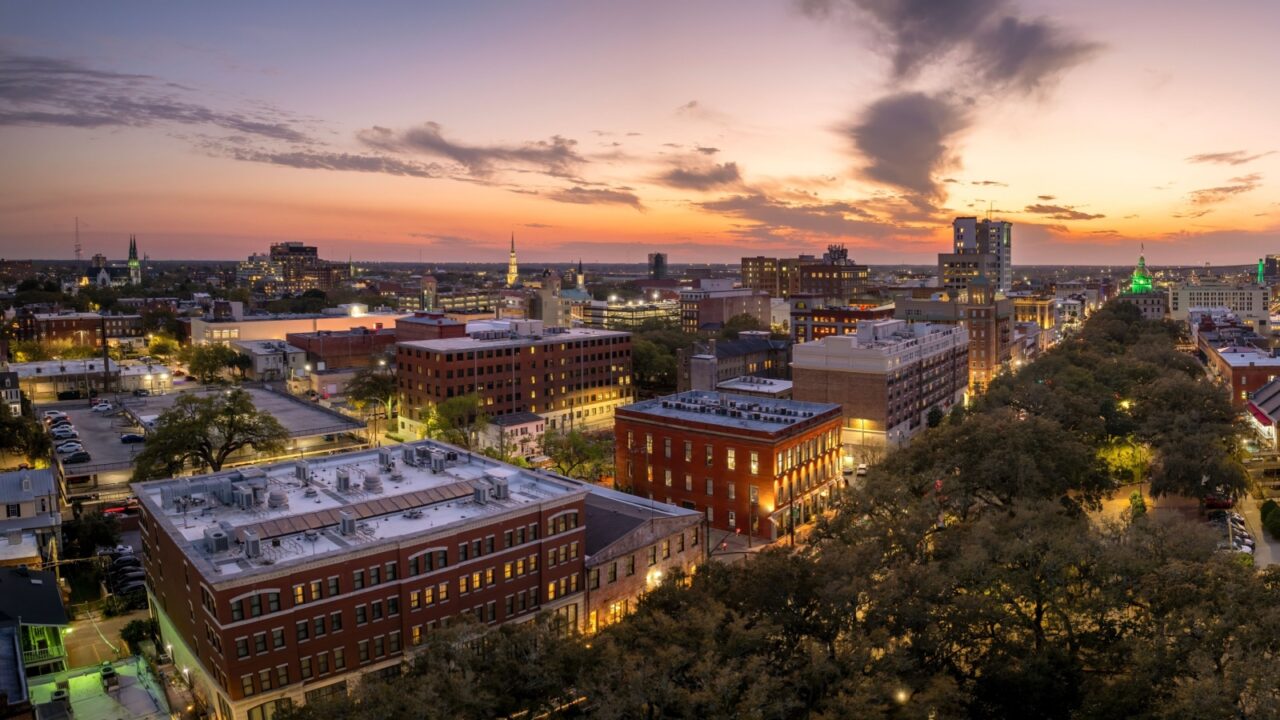 Savannah, Georgia. Historic American architecture of old historical city. USA Southern cityscape at sunset