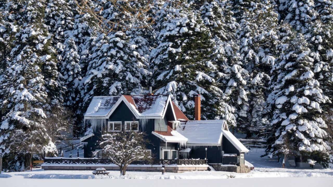 guest house by the snow-covered forest and frozen lake