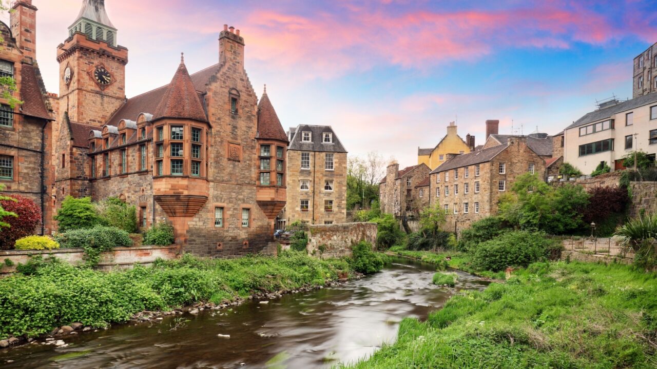 Sunset landscape of the beautiful Dean’s Village in the city of Edinburgh, Scotland