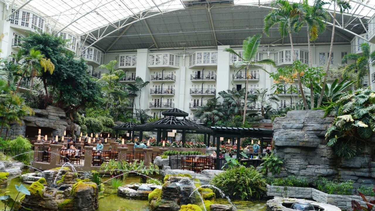 Nashville, Tennessee, U.S.A - June 26, 2022 - The restaurant and beautiful landscape inside of Gaylord Opryland Resort and Convention Center