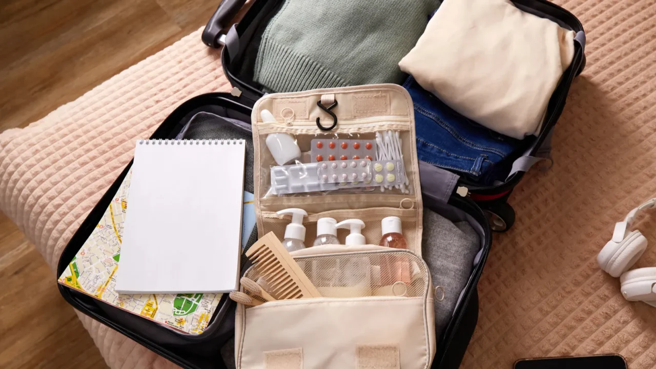a suitcase is open on a bed containing neatly arranged