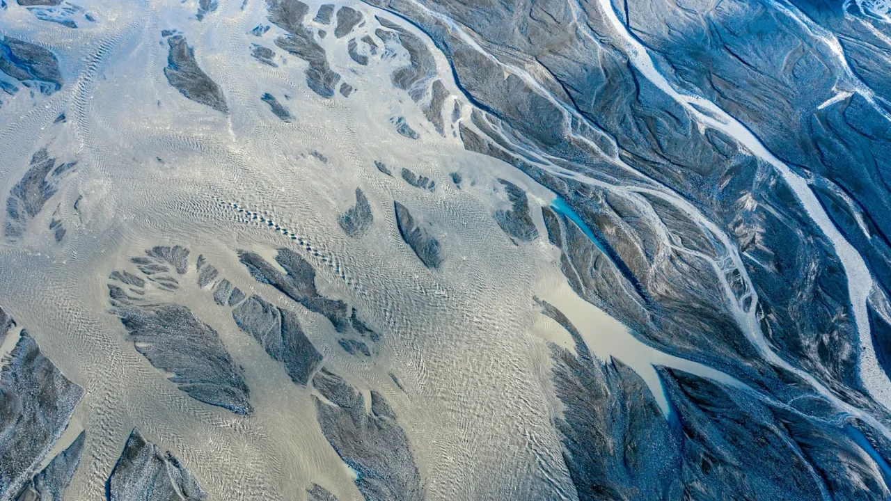 aerial drone view of a huge riverbed iceland