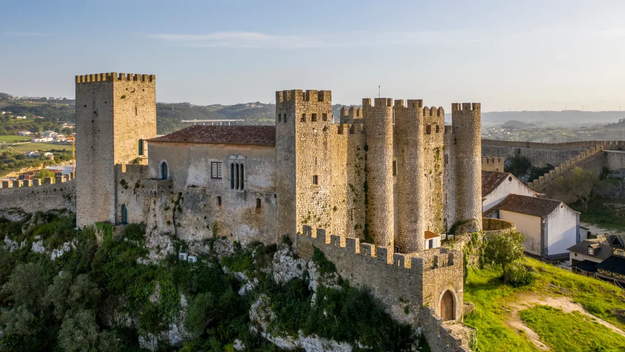 aerial drone view over obidos medieval castle in obidos village