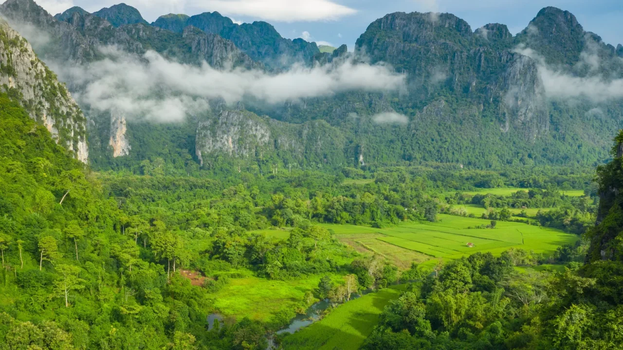 aerial view of beautiful landscapes at vang vieng laos