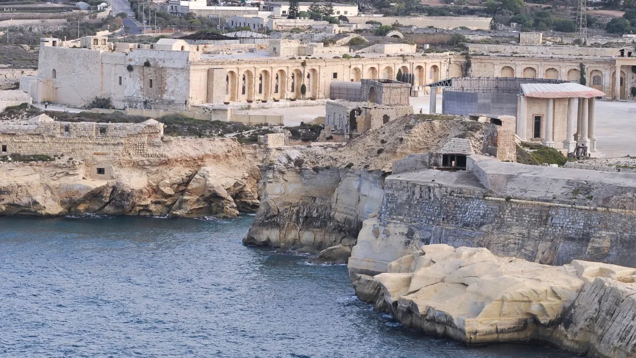 aerial view of fort ricasoli east breakwater waves mediterranean sea