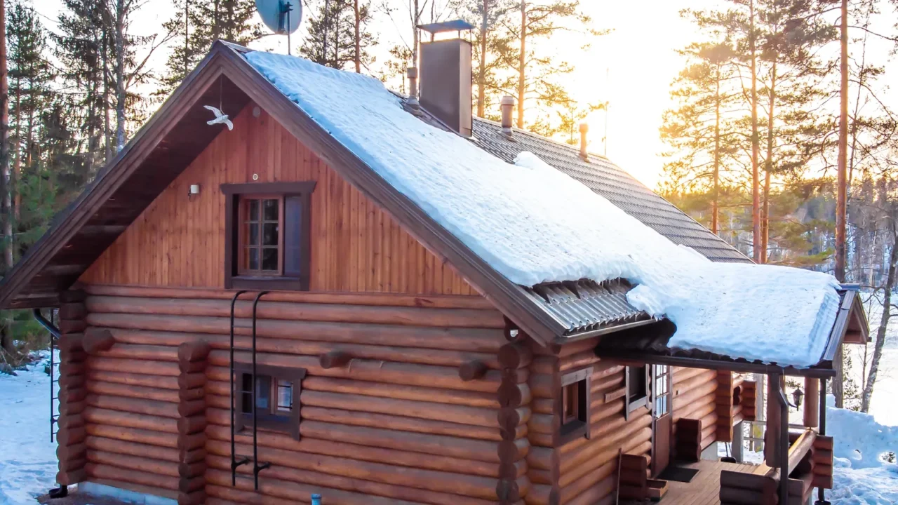 aerial view of lake house in finalnd in winter
