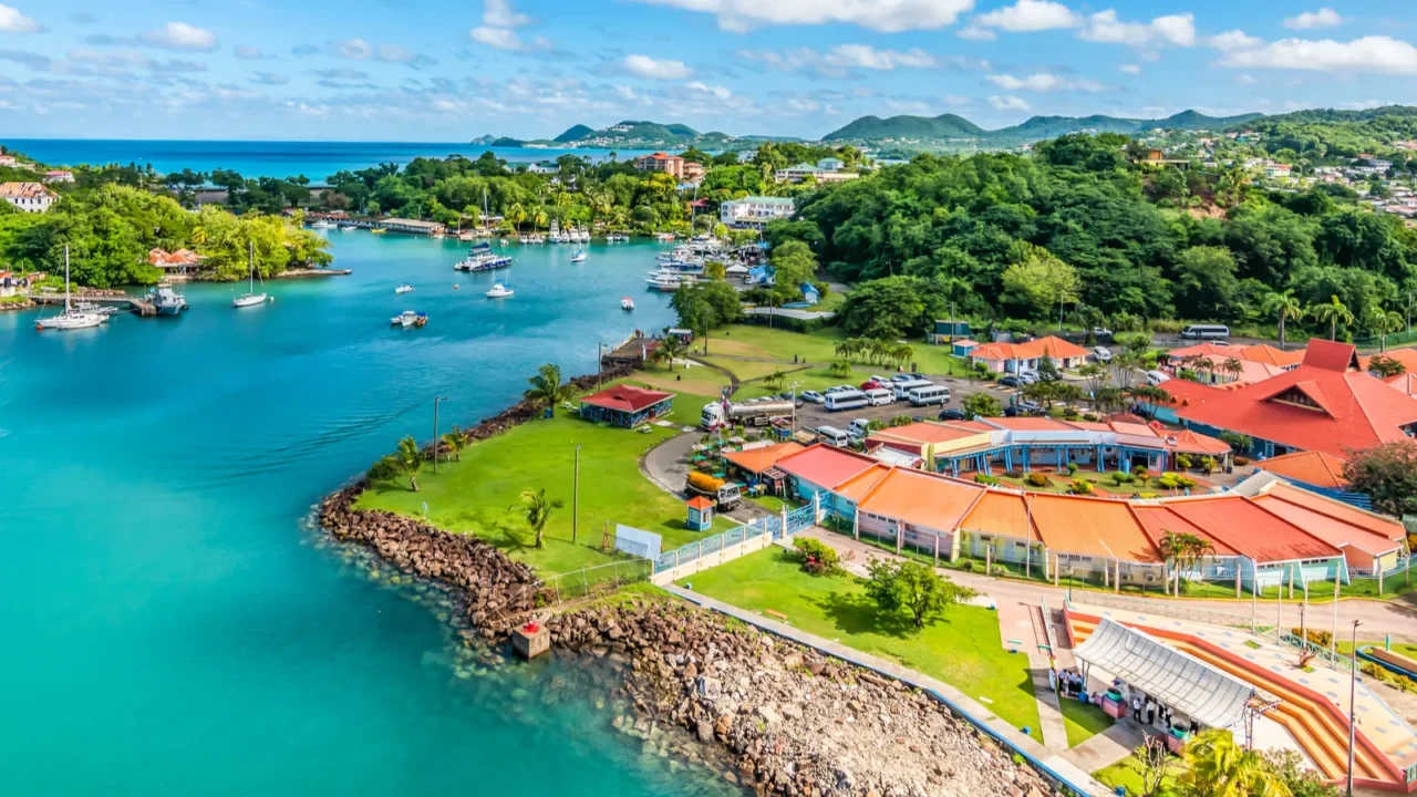 aerial view of port castries with duty free shops popular