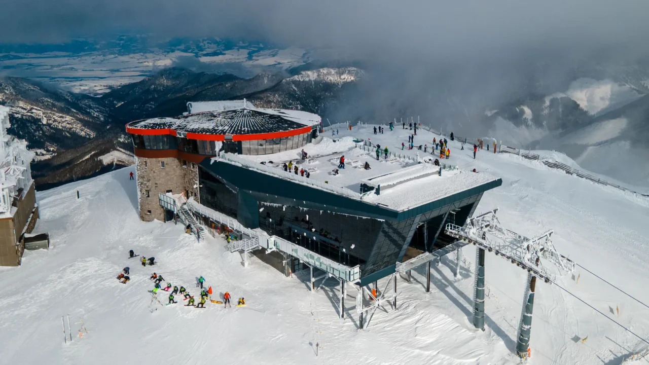 aerial view of top ski lift cabin station on chopok