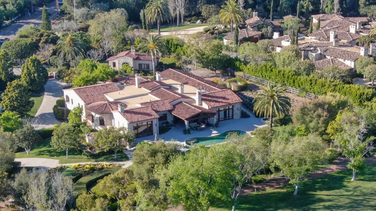 aerial view of wealthy countryside area with luxury villas with