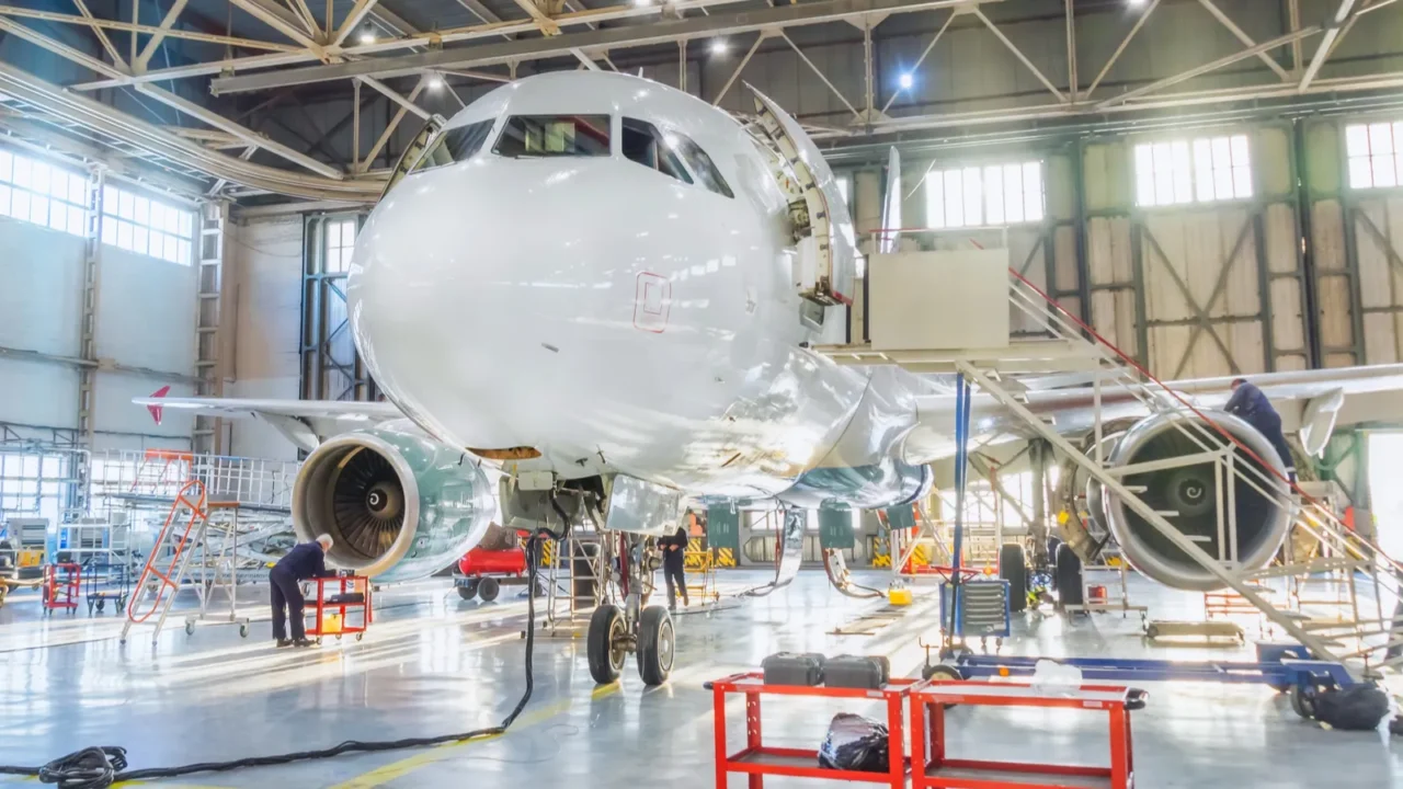 aircraft inside the aviation hangar maintenance service airplane technician worker