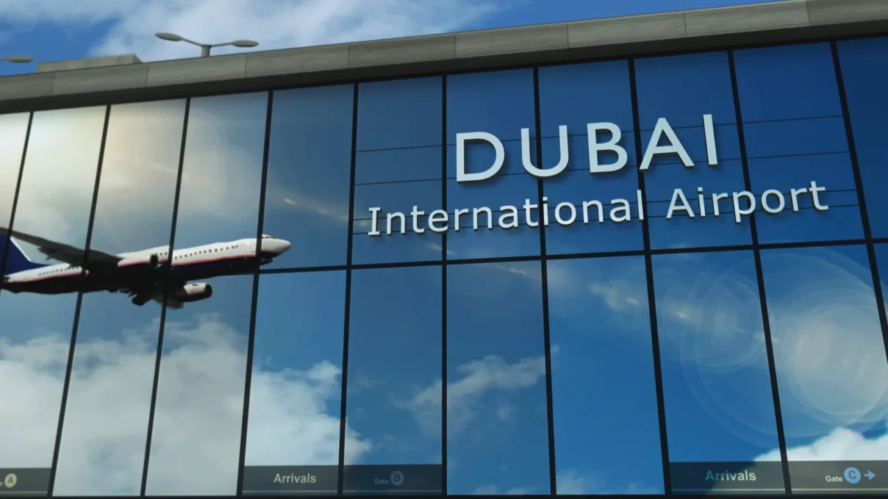 aircraft landing at dubai united arab emirates 3d rendering illustration