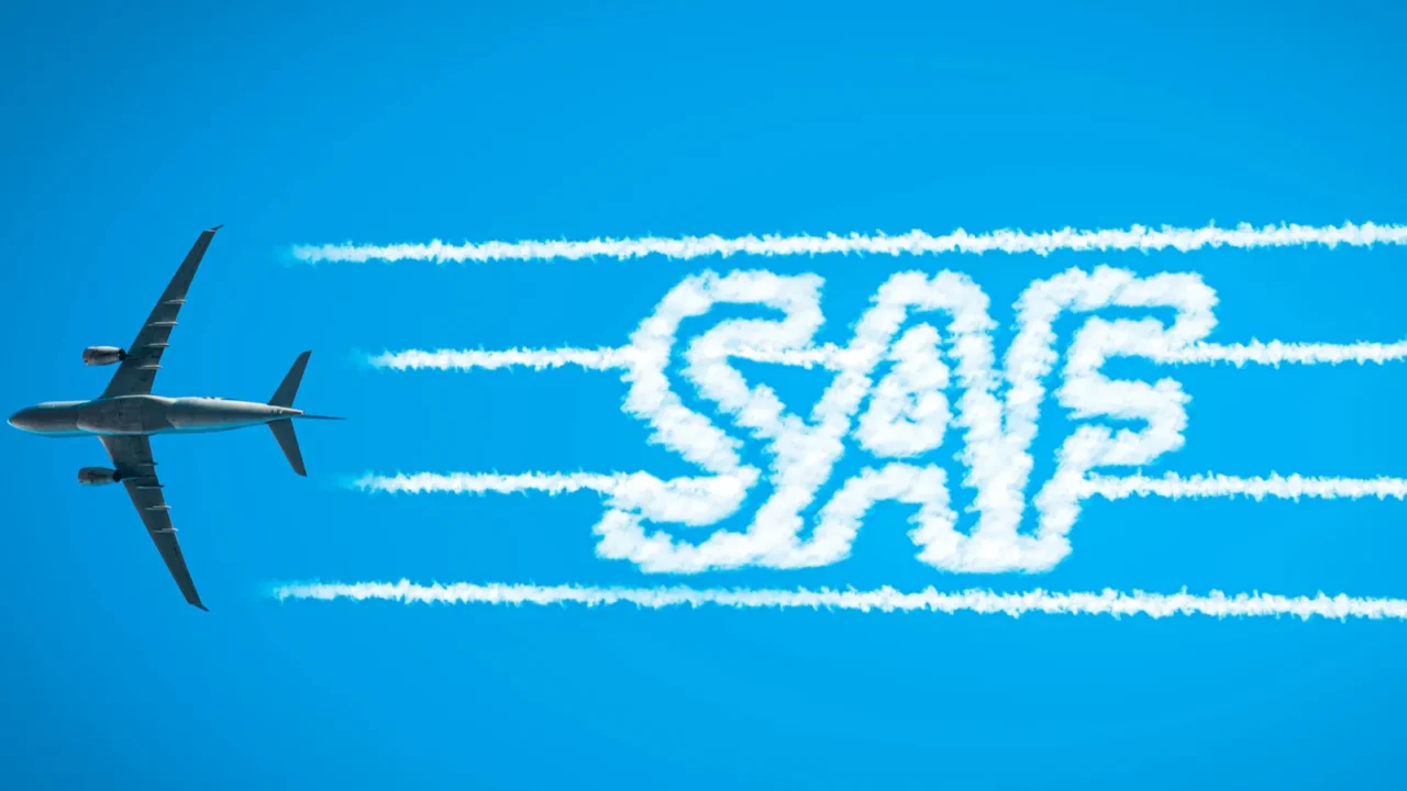 airplane leaving jet contrails with saf word inside concept of