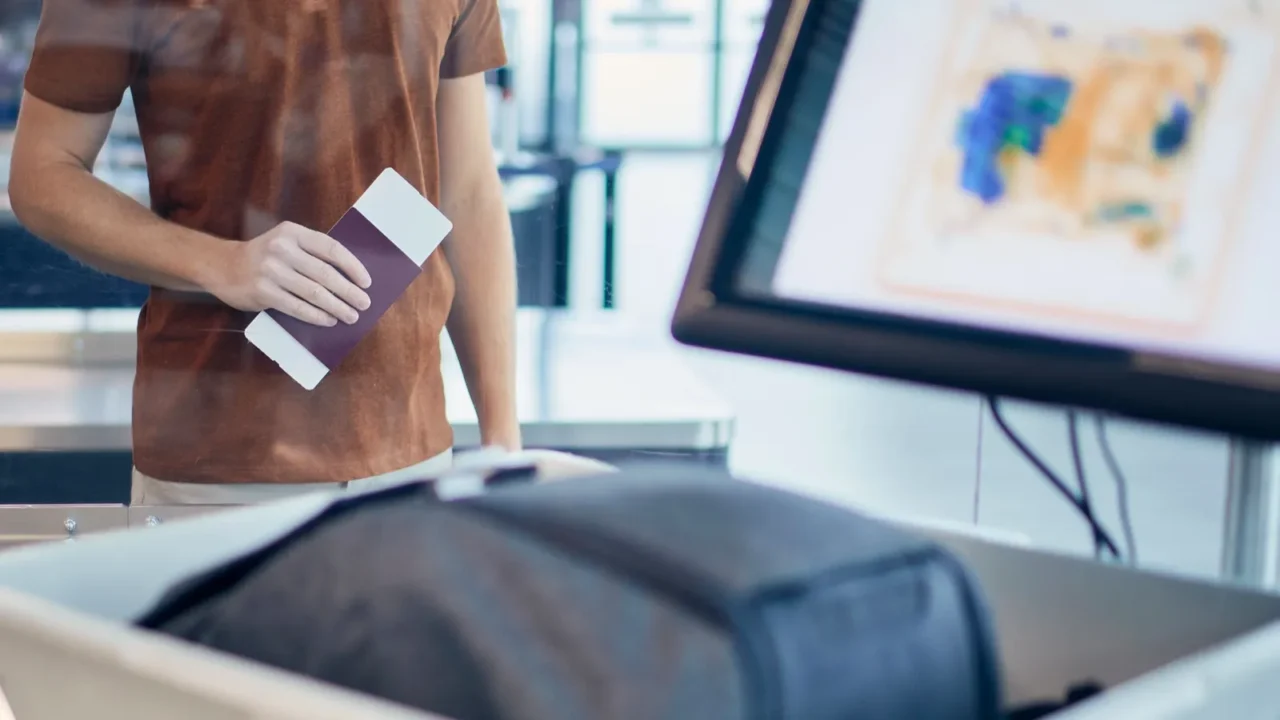 airport security check young man waiting for xray control his