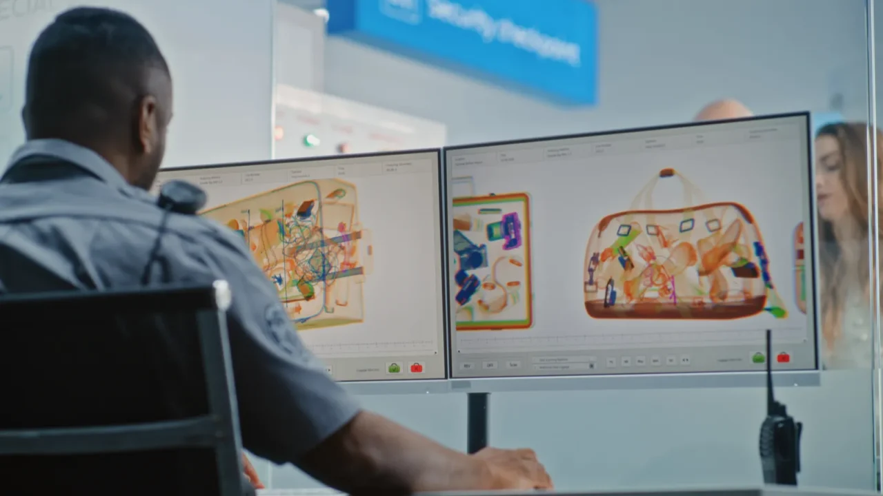 airport security checkpoint african american tsa worker controlling xray metal