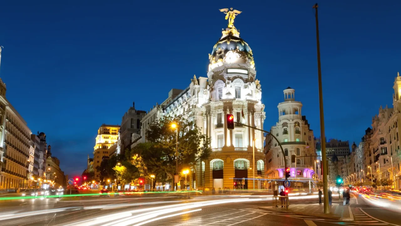 alcala and gran via street in madrid by night