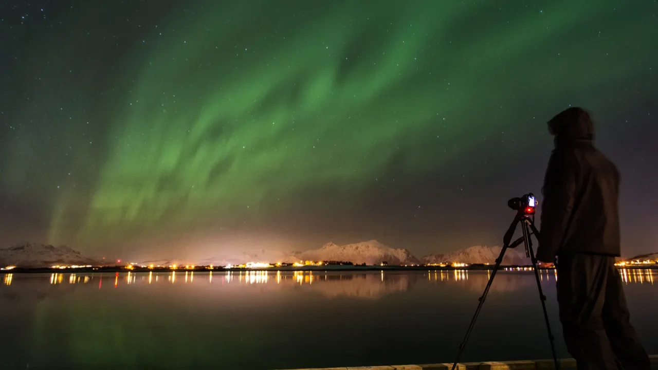 amazin landscape of northen lights in background at lofoten nor