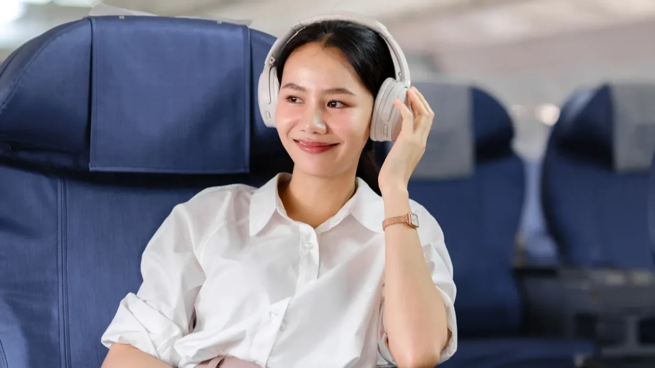 asian woman sitting and using a smartphone in an airplane