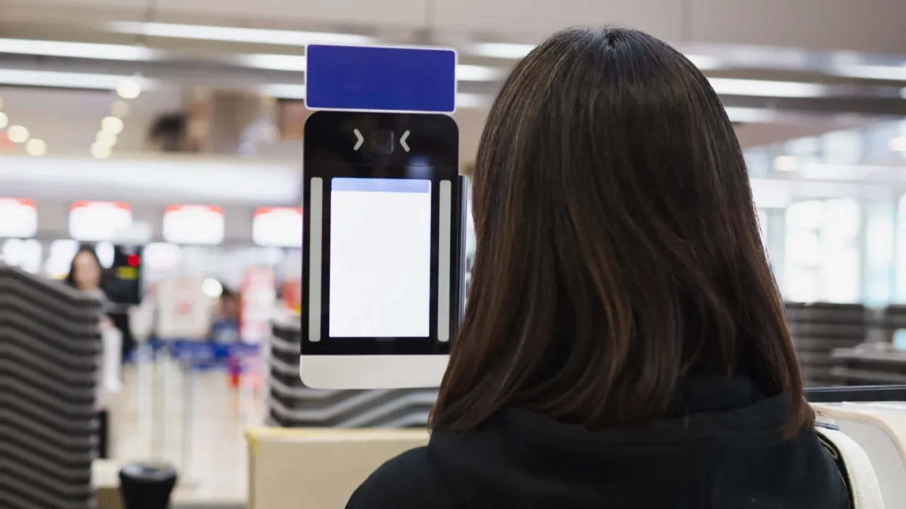 asian woman using face scanner at the airport