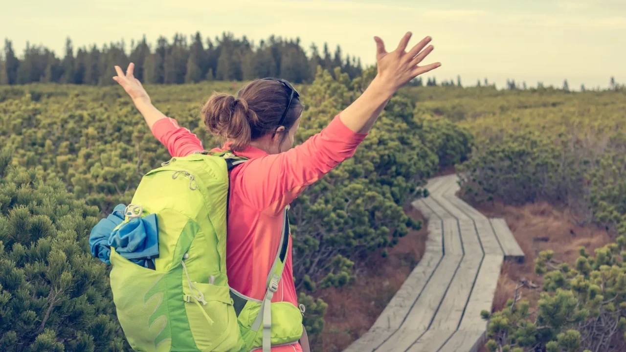 attractive brunette raising hands while enjoying the view