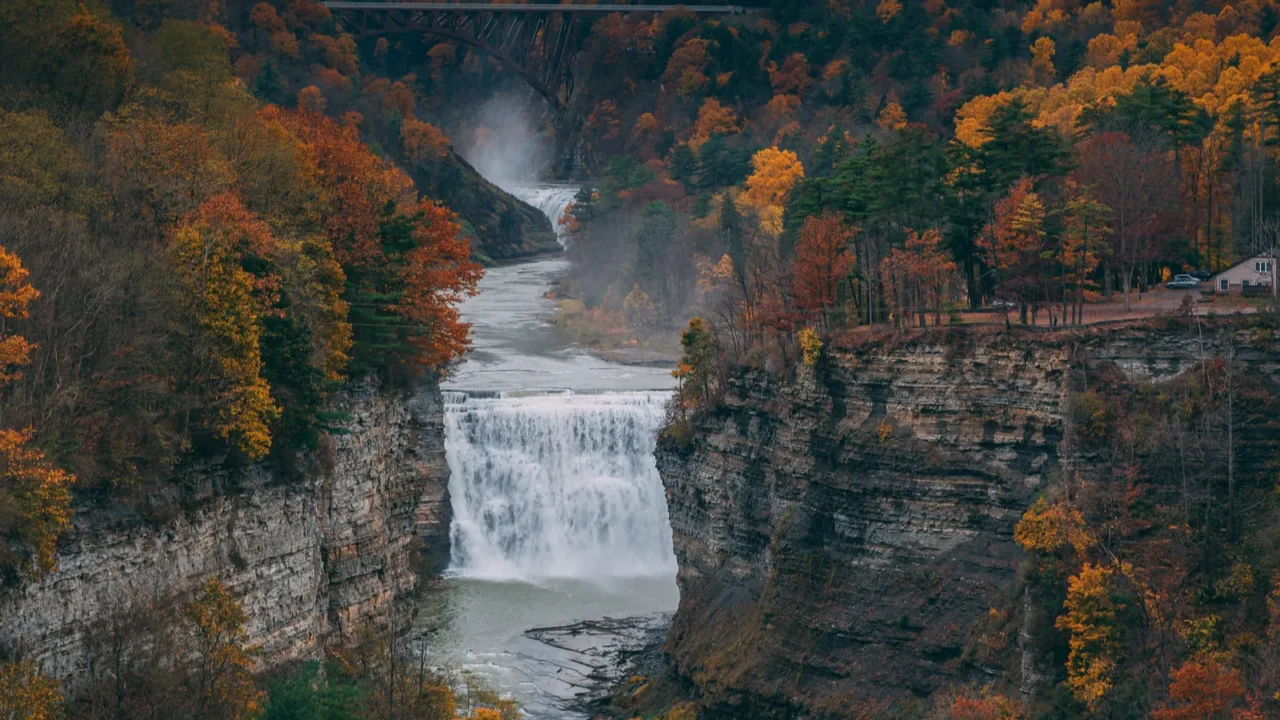 autumn view of the genesee river and middle falls from