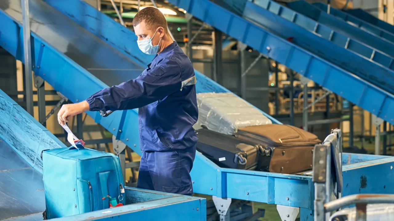 bag room worker checking a luggage tag on a bag