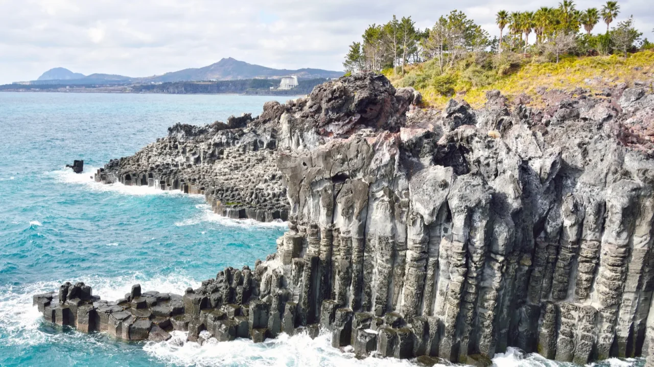 basaltic columnar joint coast in jungmun in jeju island