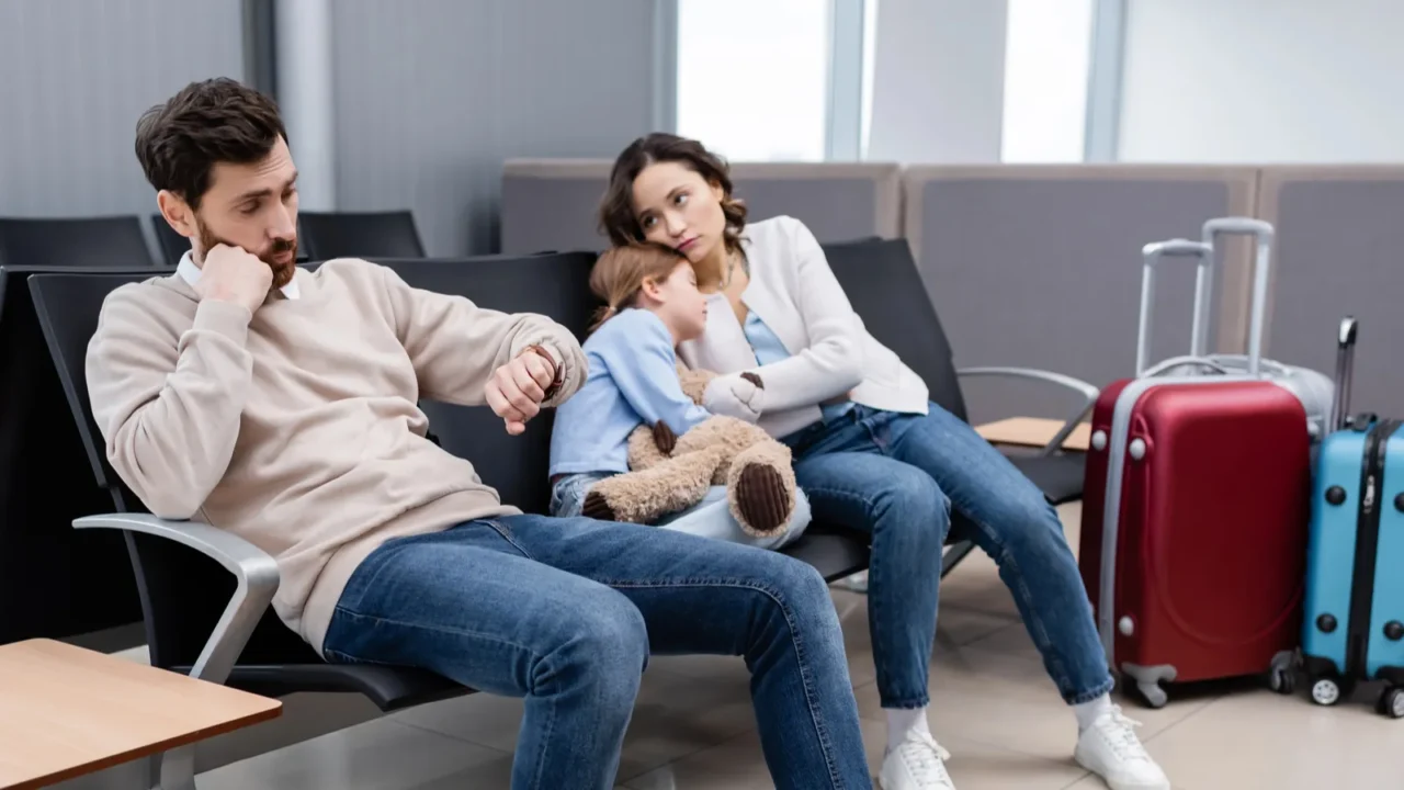 bearded man looking at watch near daughter and bored wife