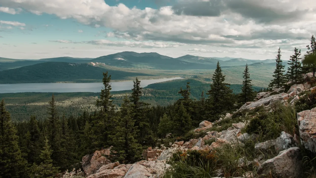 beautiful landscape with a mountain range on a blue sky