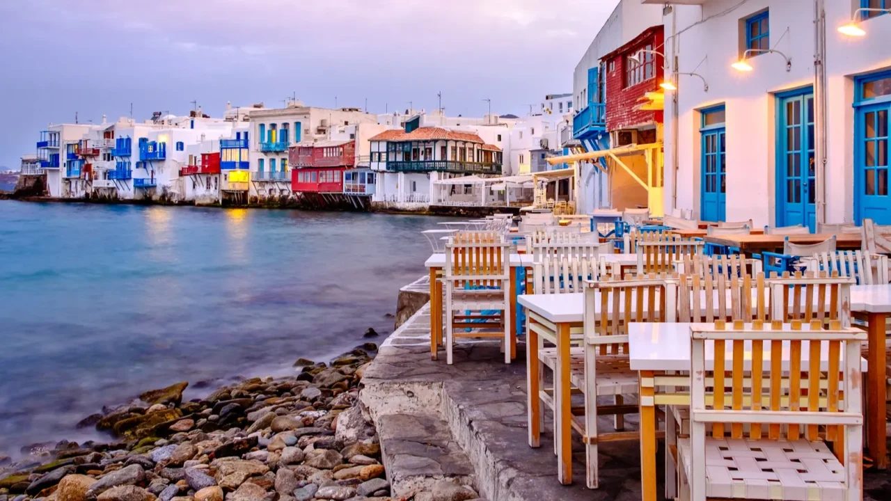 beautiful sunrise at little venice on mykonos island greece