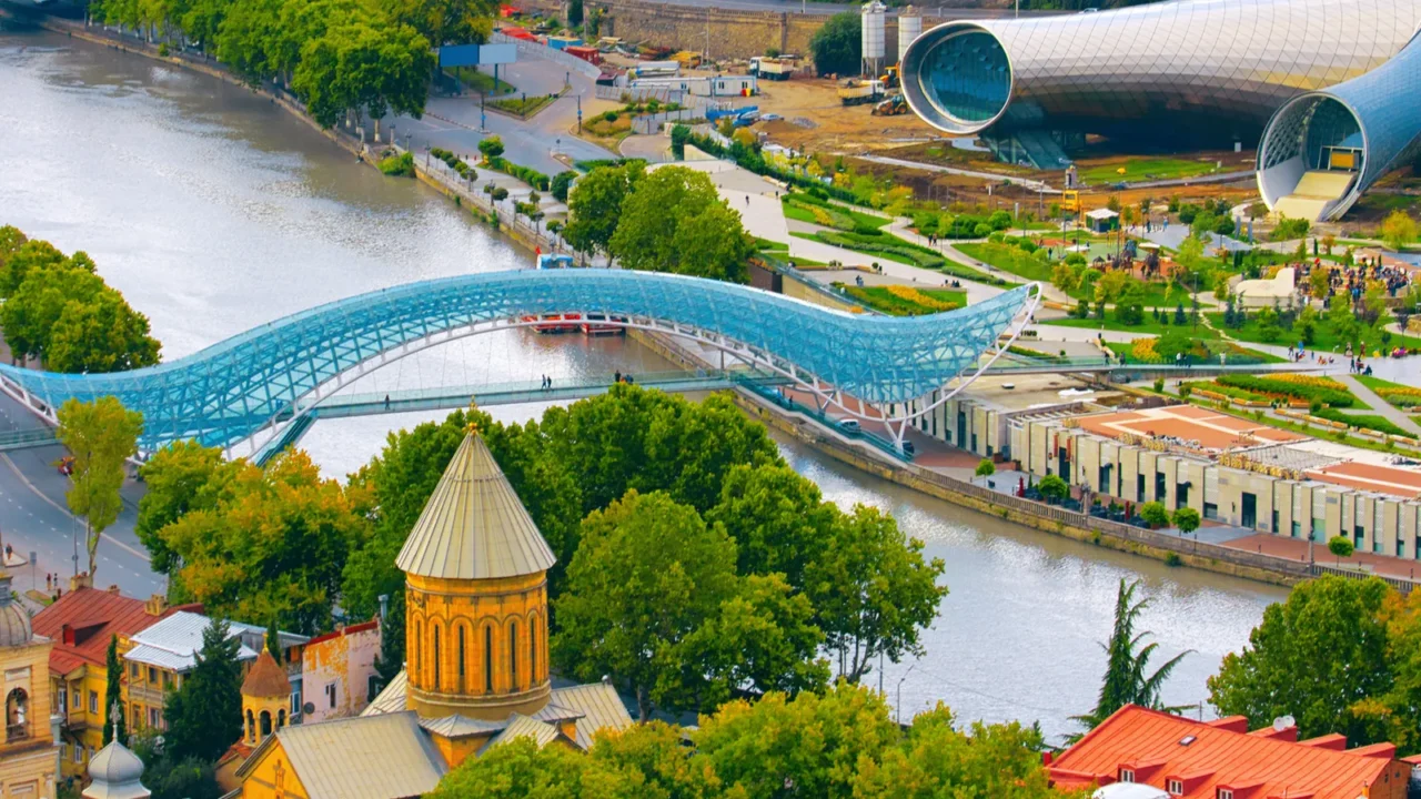 beautiful view of kura river and bridge of peace in