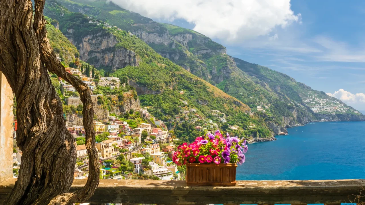 beautiful view of the town of positano from antique terrace