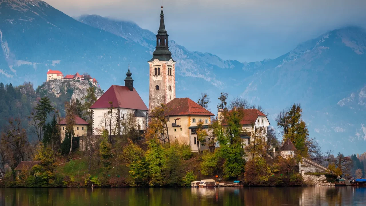 bled slovenia  beautiful autumn sunrise at lake bled with