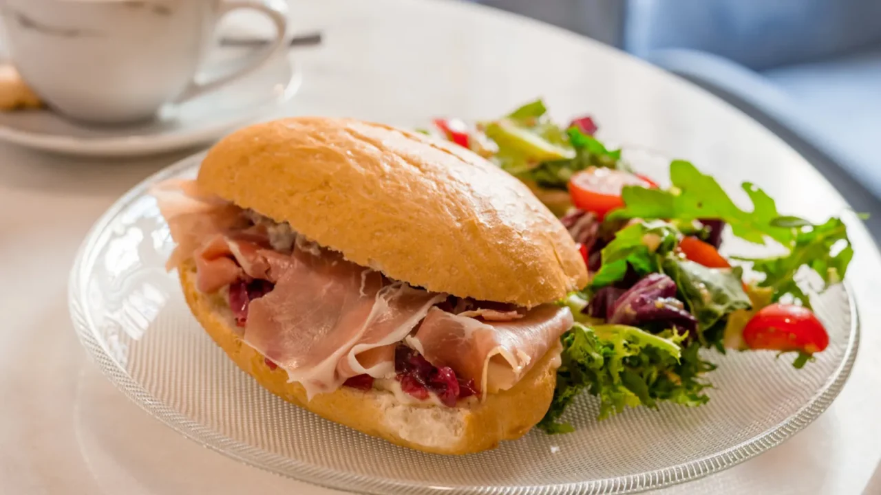 breakfast and lunch  sandwich and coffee cup of coffee