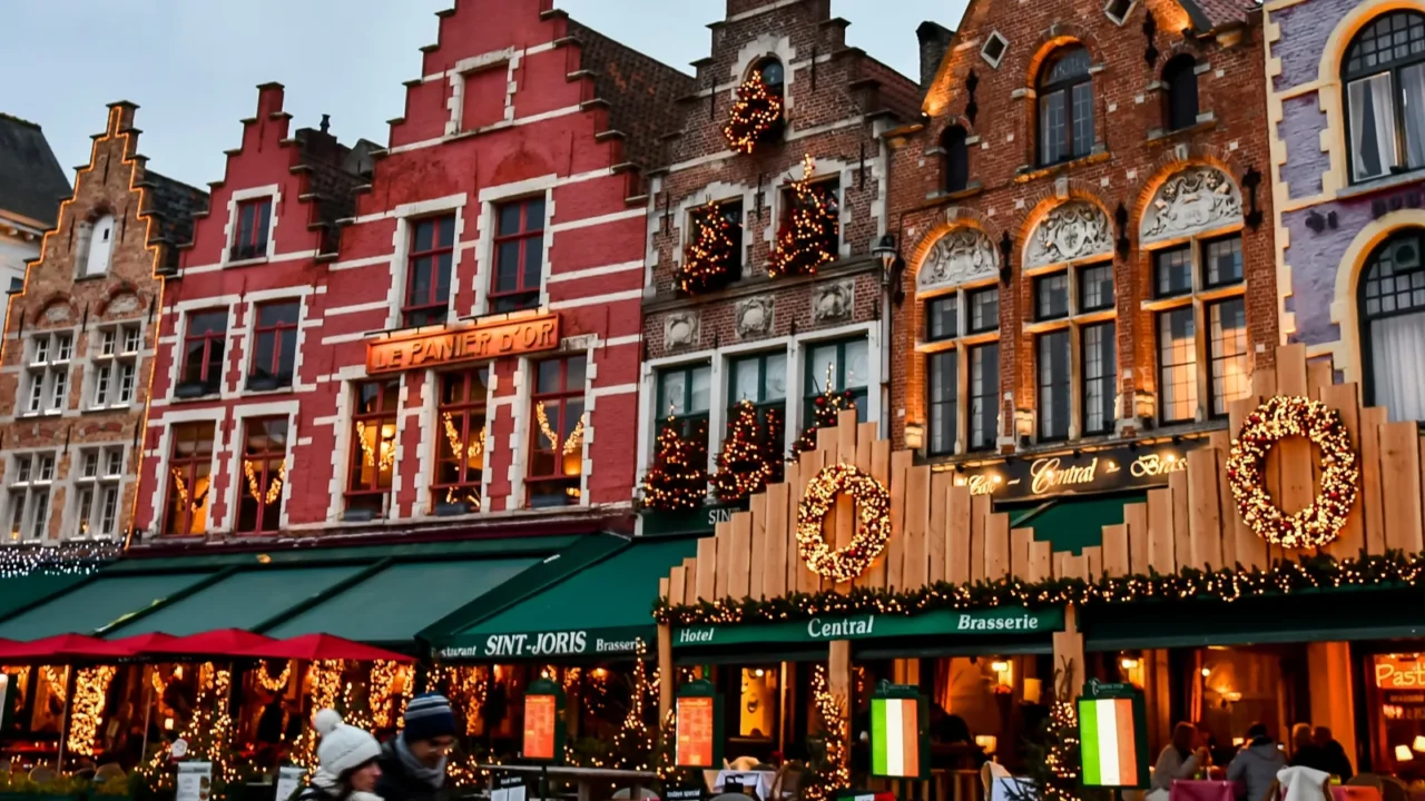 brugge circa december 2019 old markt square decorated with lights