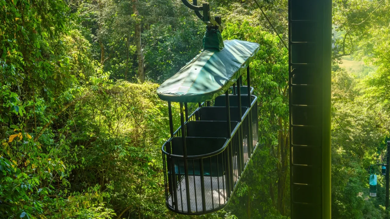 cable car cabin riding through the tropical rainforest near jaco