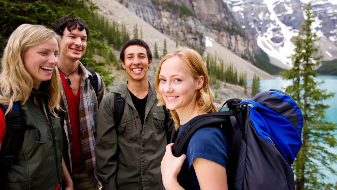 camping friends in mountains