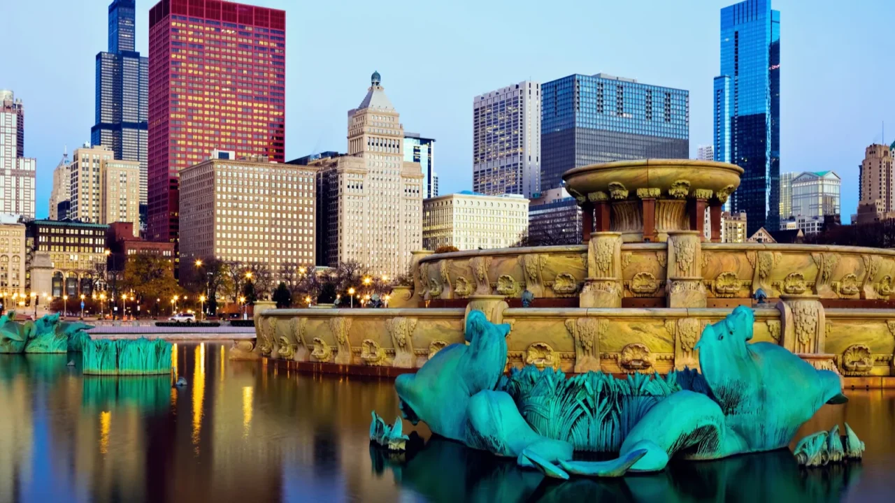 chicago skyline reflected in buckingham fountain