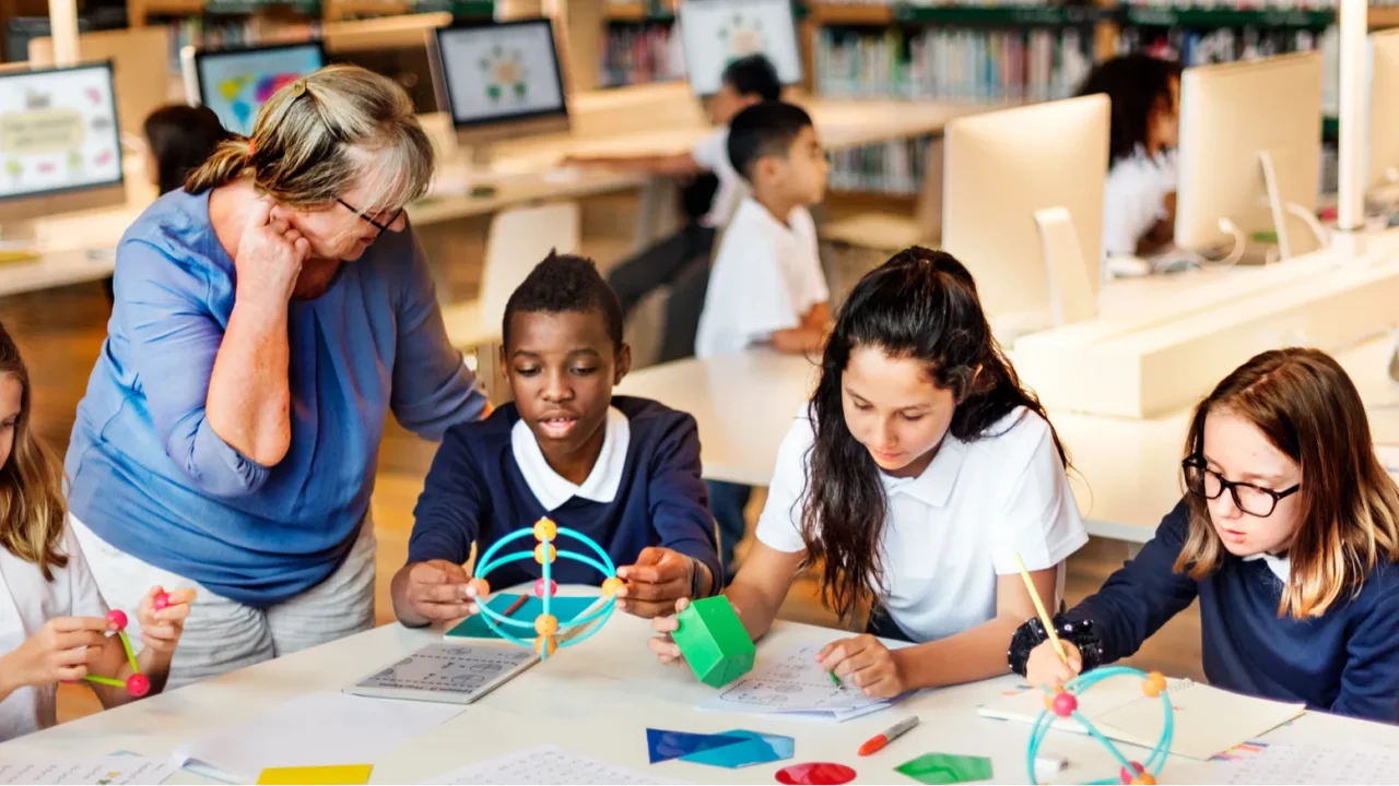 children studying in library