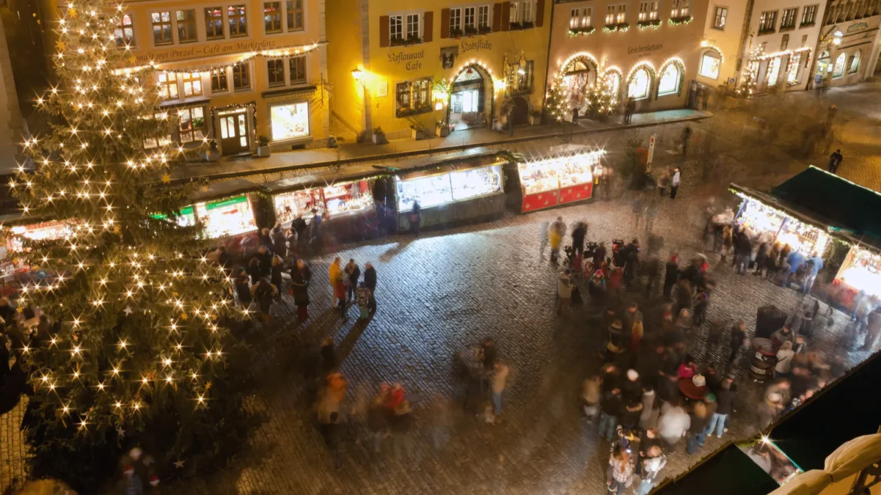 christmas market by night in rothenburg ob der tauber
