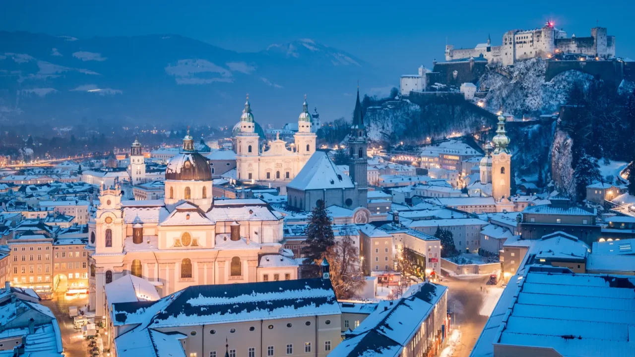 classic view of salzburg at christmas time in winter austria