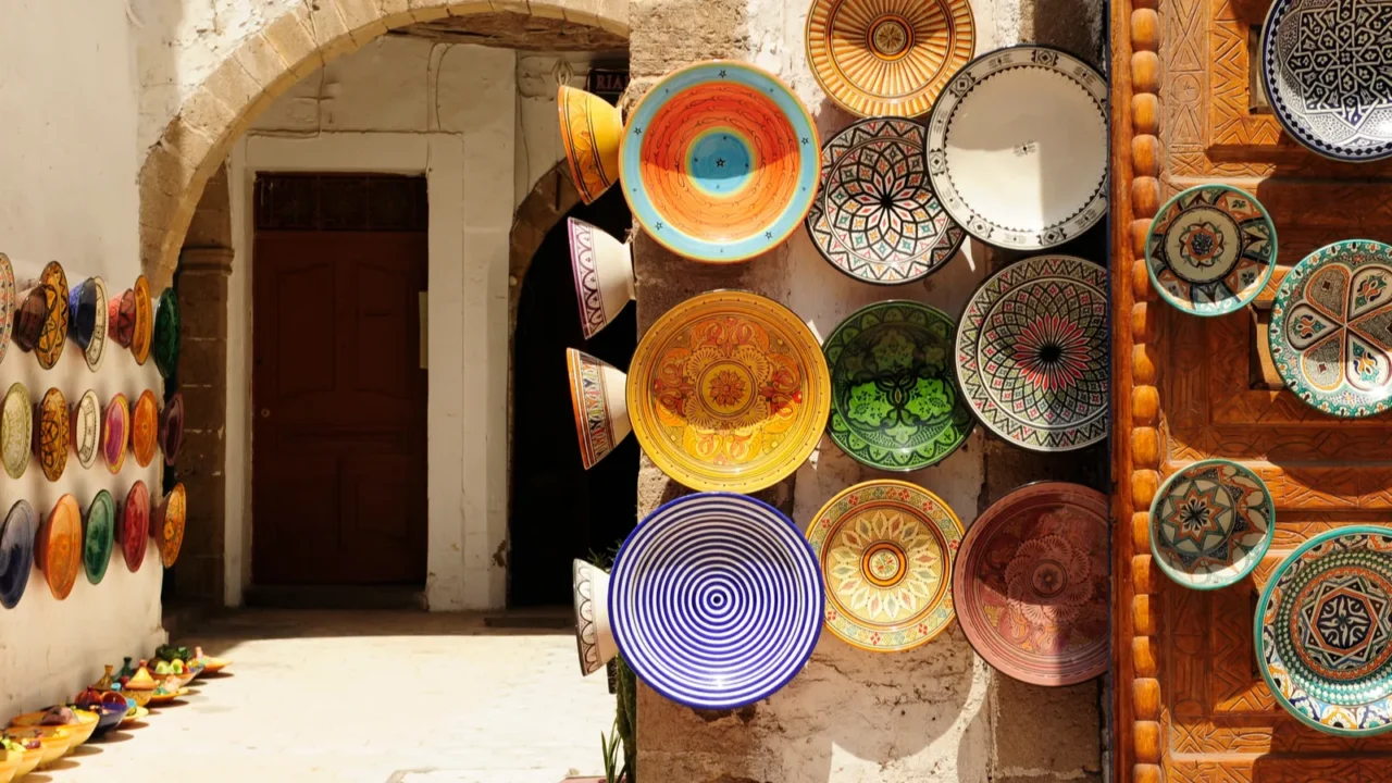 colorful dish souvenirs for sale in a shop in morocco