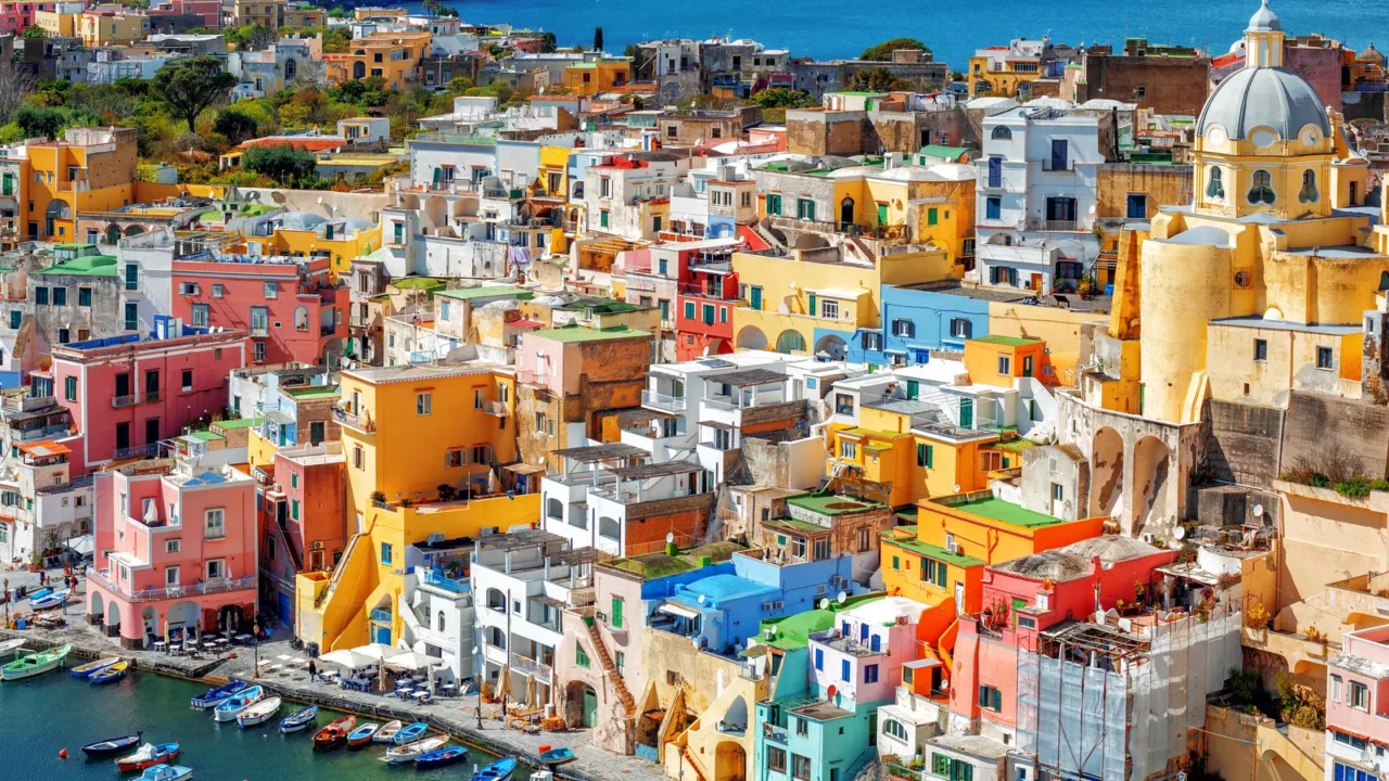 colorful houses on procida island naples italy