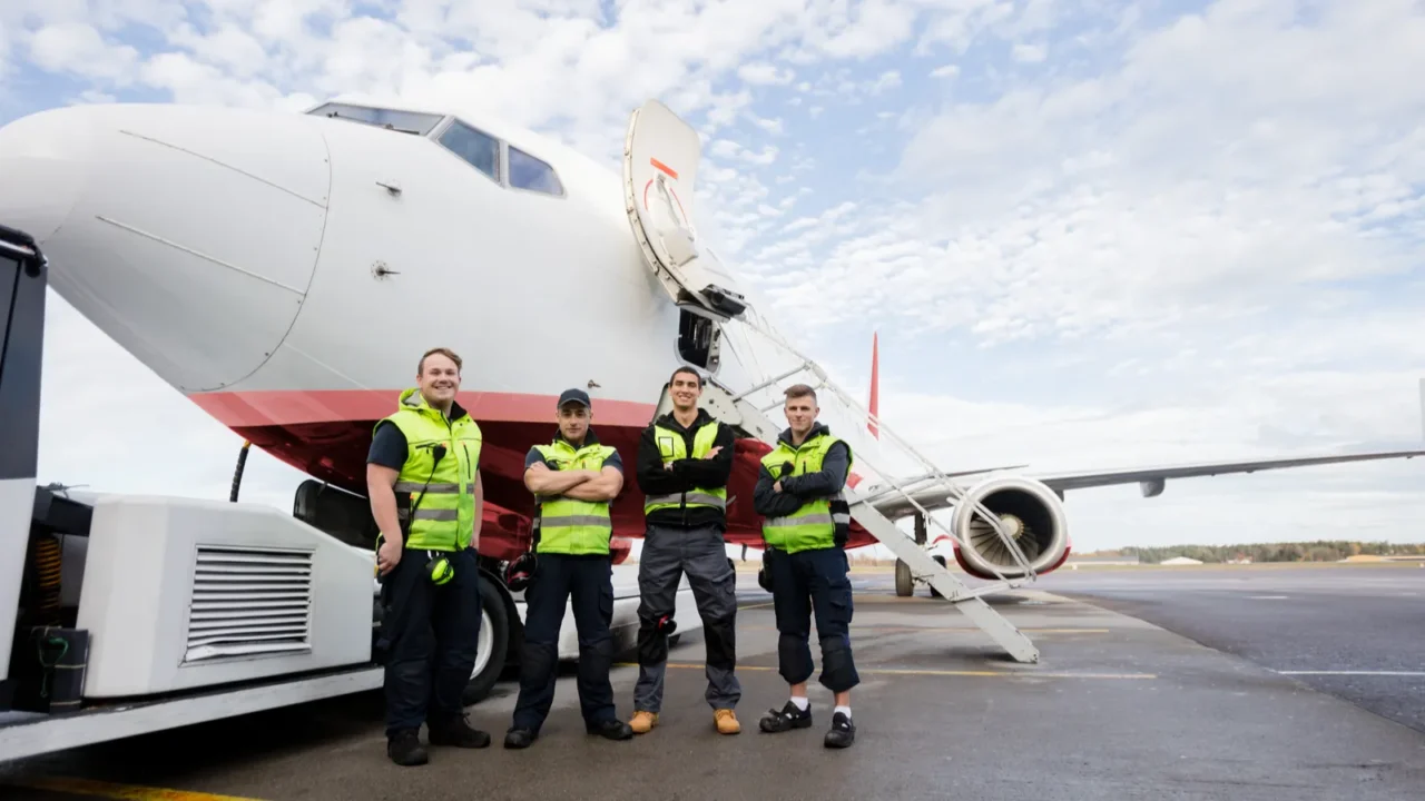 confident ground crew standing arms crossed against airplane