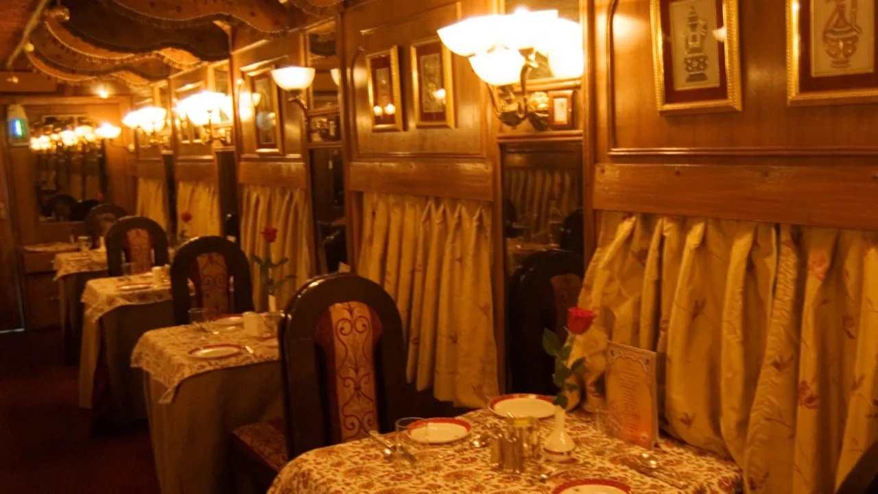 dining area in heritage on wheel luxury tourist train rajasthan