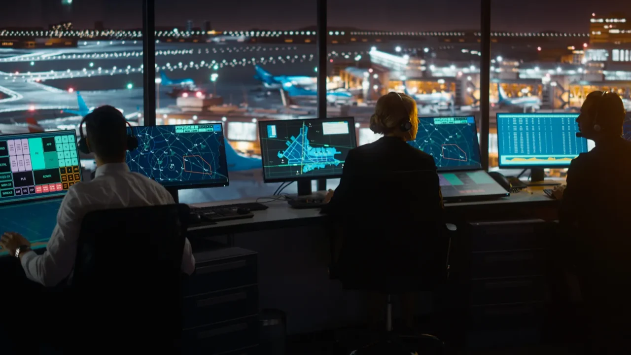 diverse air traffic control team working in modern airport tower