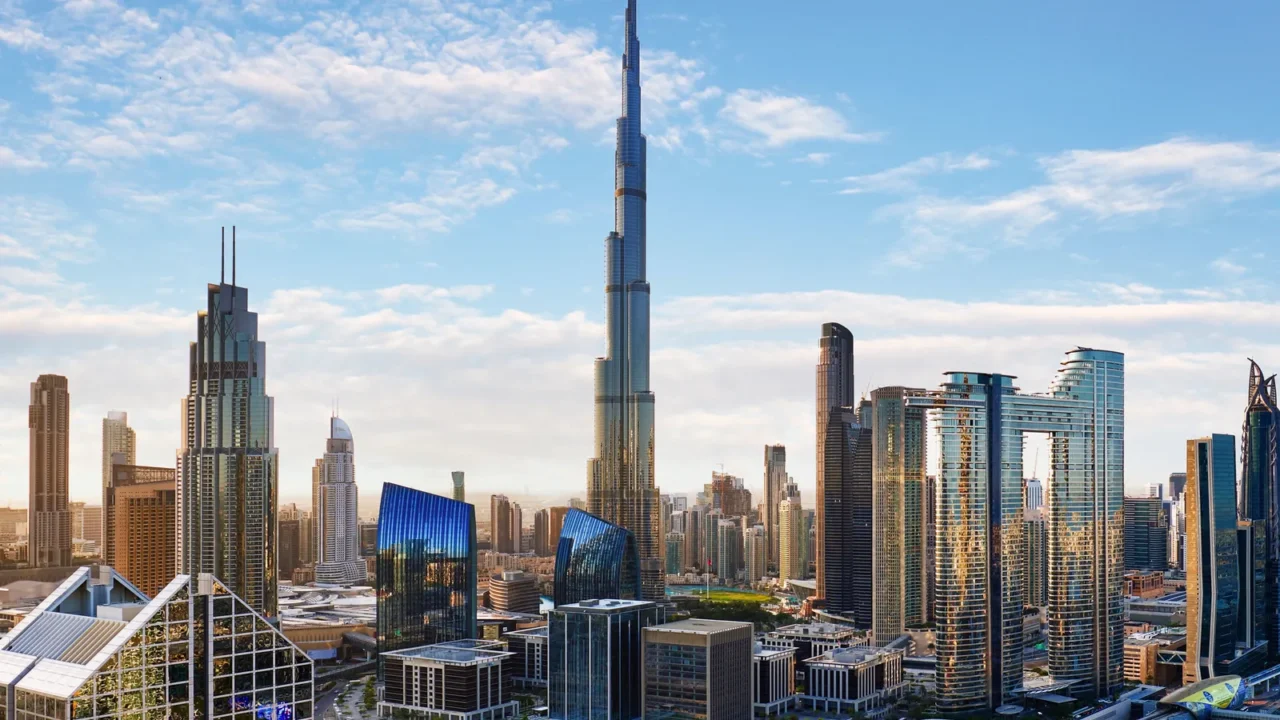 dubai skyline at sunset with traffic aerial view united